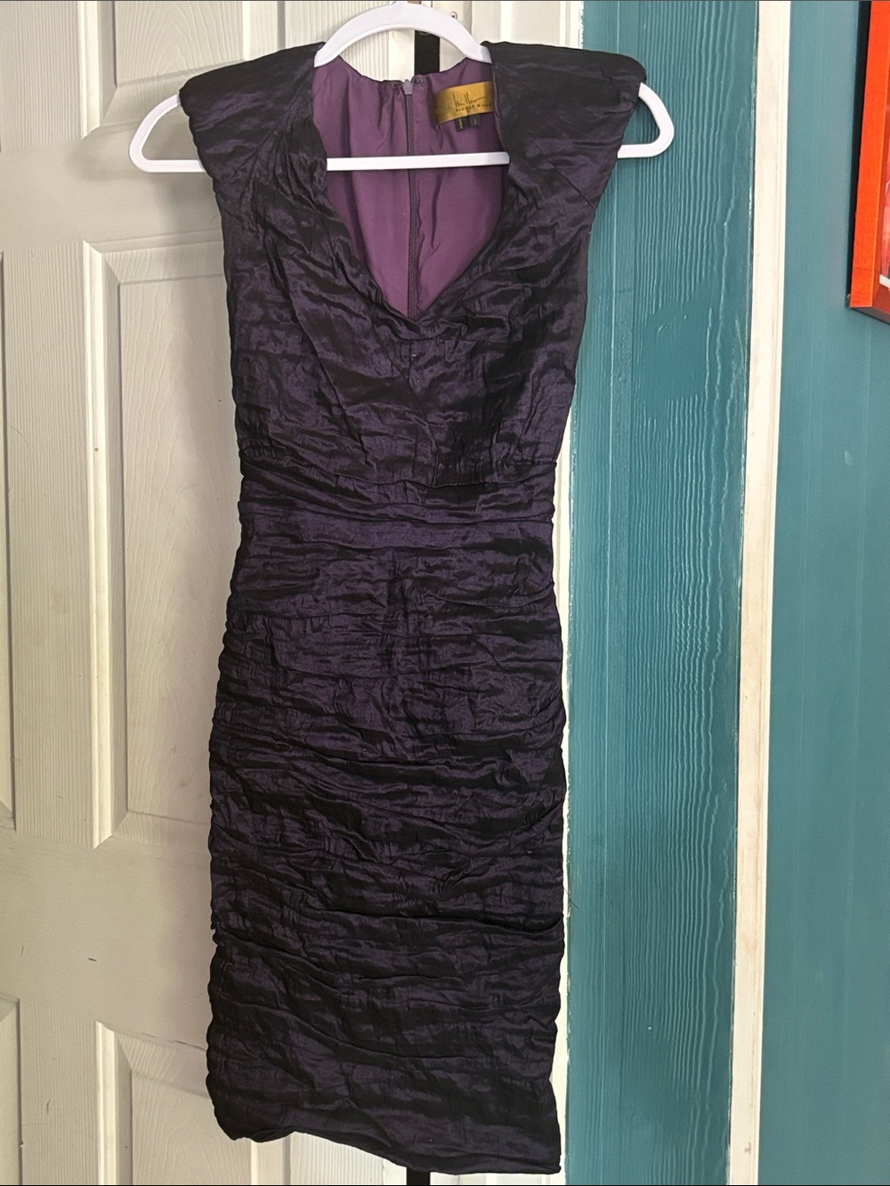 Nicole Miller Deep iridescent Purple Ruched Midi Dress
